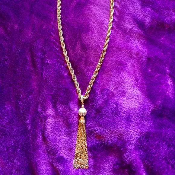 Vintage Boho Gold Chain Tassel Necklace Unmarked 70's Jewelry - Picture 2 of 6
